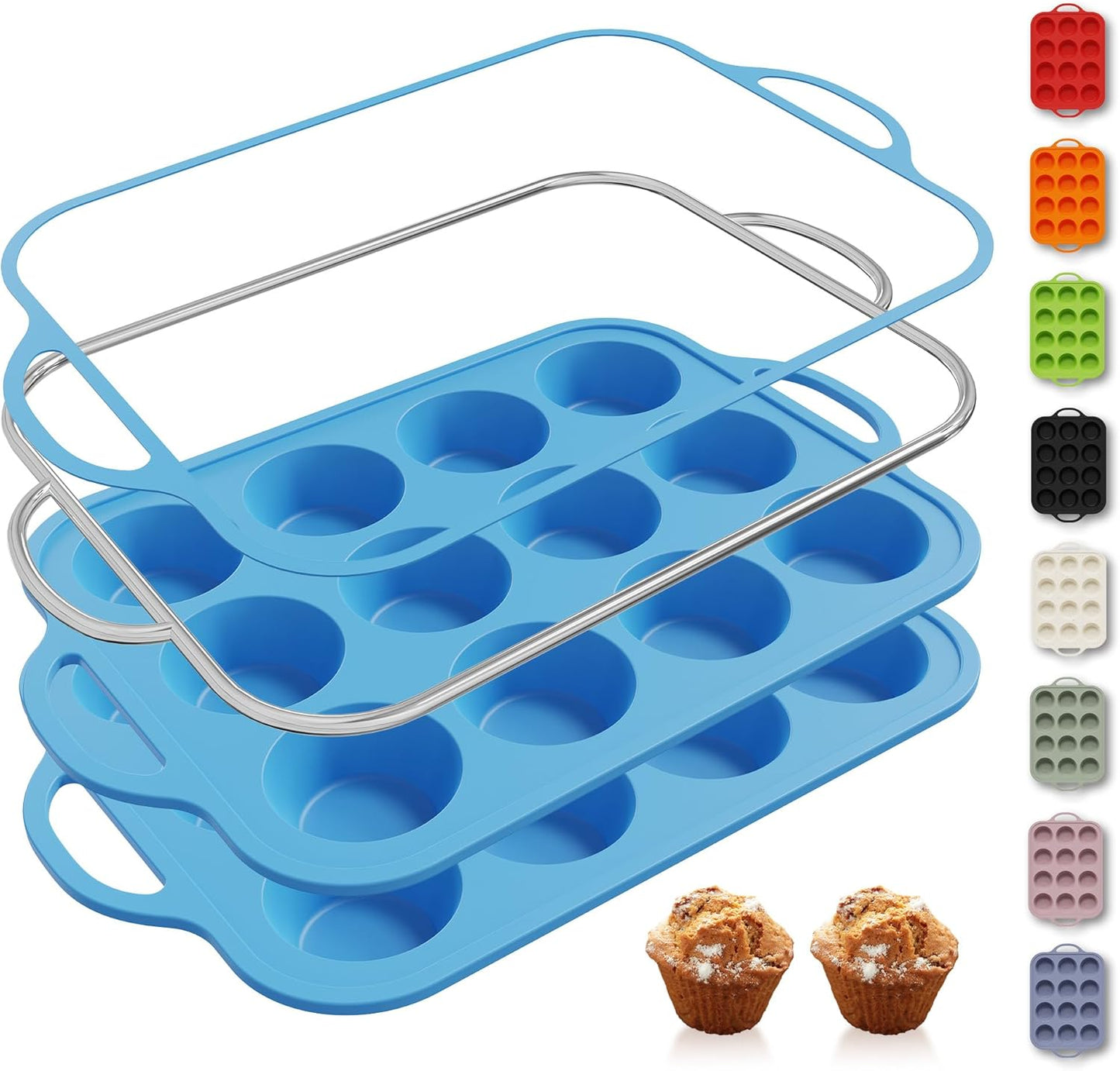 2 Packs 12 Cups Silicone Muffin Pan with Metal Reinforced Frame Regular Size Cupcake Pan Tray Egg Bites Silicone Circle Cookie Molds Muffin Tin Tart Pans Baking Sheet Set for Breakfast Sandwiches