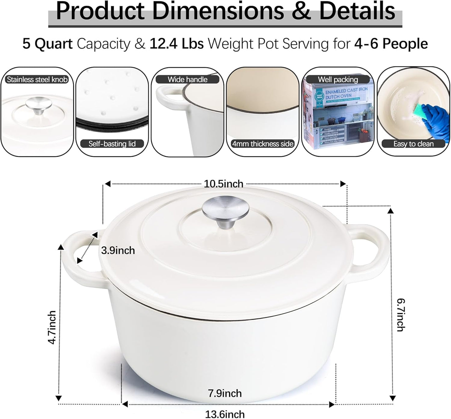 E-far Dutch Oven Pot with Lid, 5 Quart Enameled Cast Iron Round Dutch Oven Stockpot for Bread Baking/Braising/Cooking/Roasting/Stewing, Heavy Duty Nonstick Cookware Safe for Induction & Oven - White