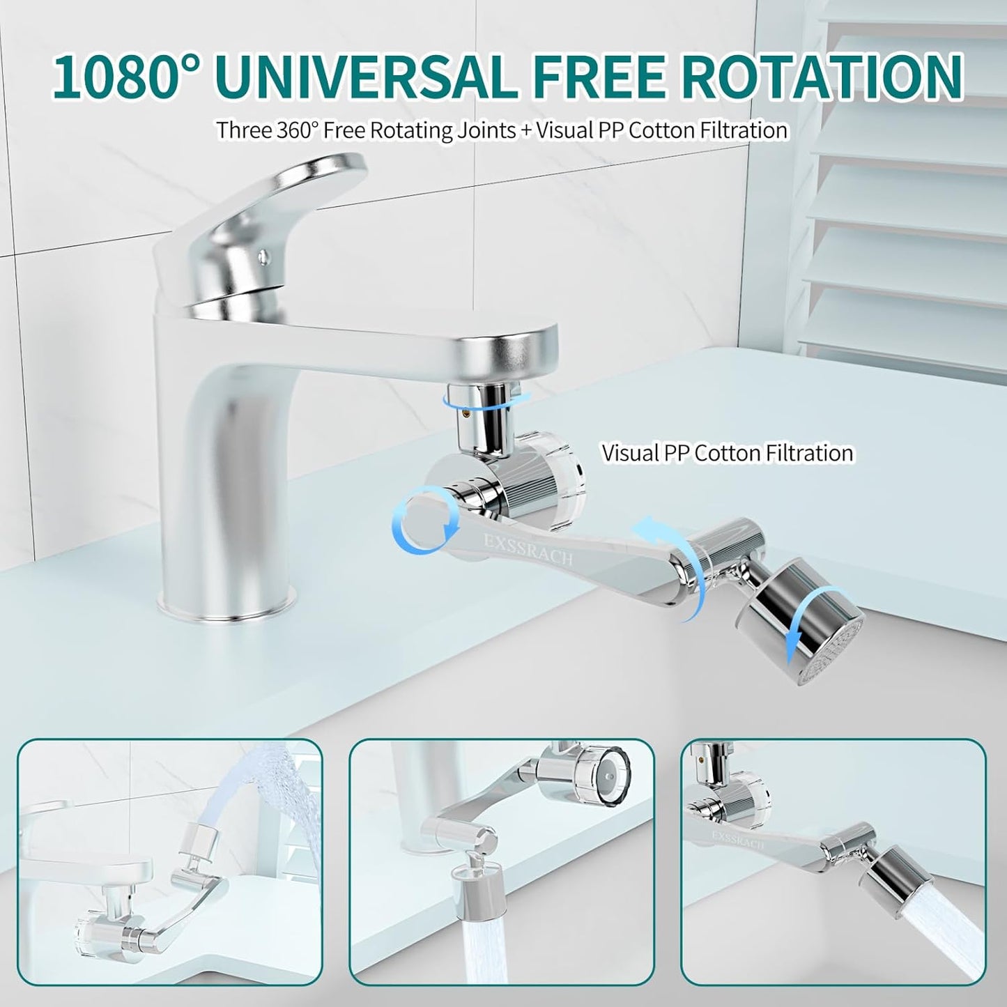 1080° Rotating Faucet Extender with Filter Cotton, Brass Multifunctional Swivel Extension Robotic Arm Sink Aerator for Kitchen/Bathroom, 2 Water Outlet Modes, Silver