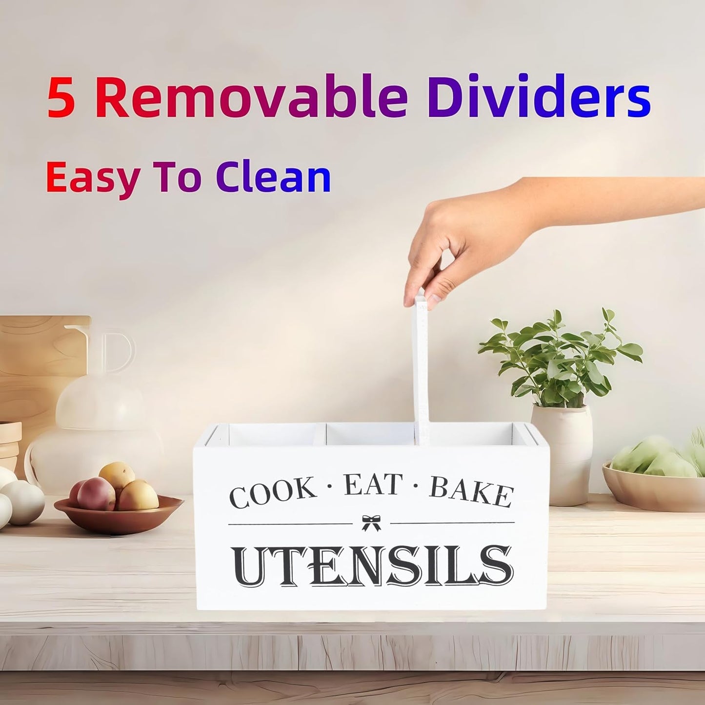 Utensil Holder,Large Wooden Utensil Holder For Kitchen Counter,Cooking Spatula Organizer,Big Storage Caddy With 3 Compartments Flatware Spoon Tool Cutlery（White）