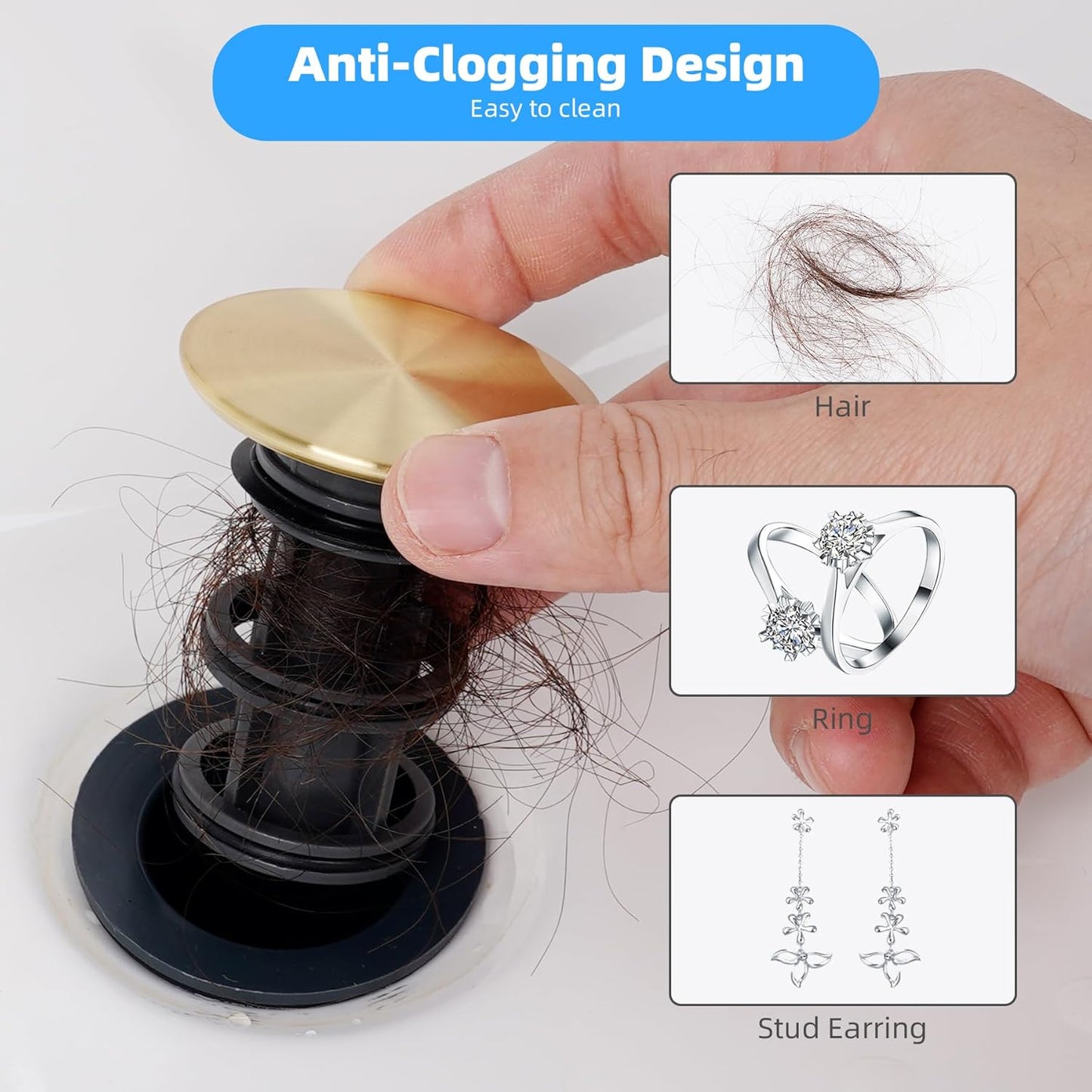 Hibbent 2 Pack Universal Bathroom Sink Drain Stopper, Pop Up Drain Strainer with Overflow, Push and Seal Sink Plug with Basket for Lavatory Vanity Vessel, Anti-Clogging Strainer, Brushed Gold