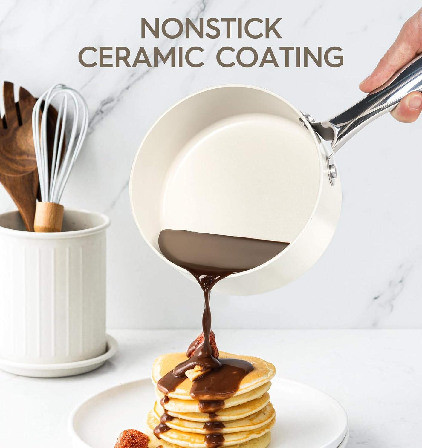 MICHELANGELO 1 Quart Saucepan with Lid, Nonstick Sauce Pan with Non-Toxic Ceramic Coating, Cream Sauce pan, 1 Qt Saucepans, Oven Safe