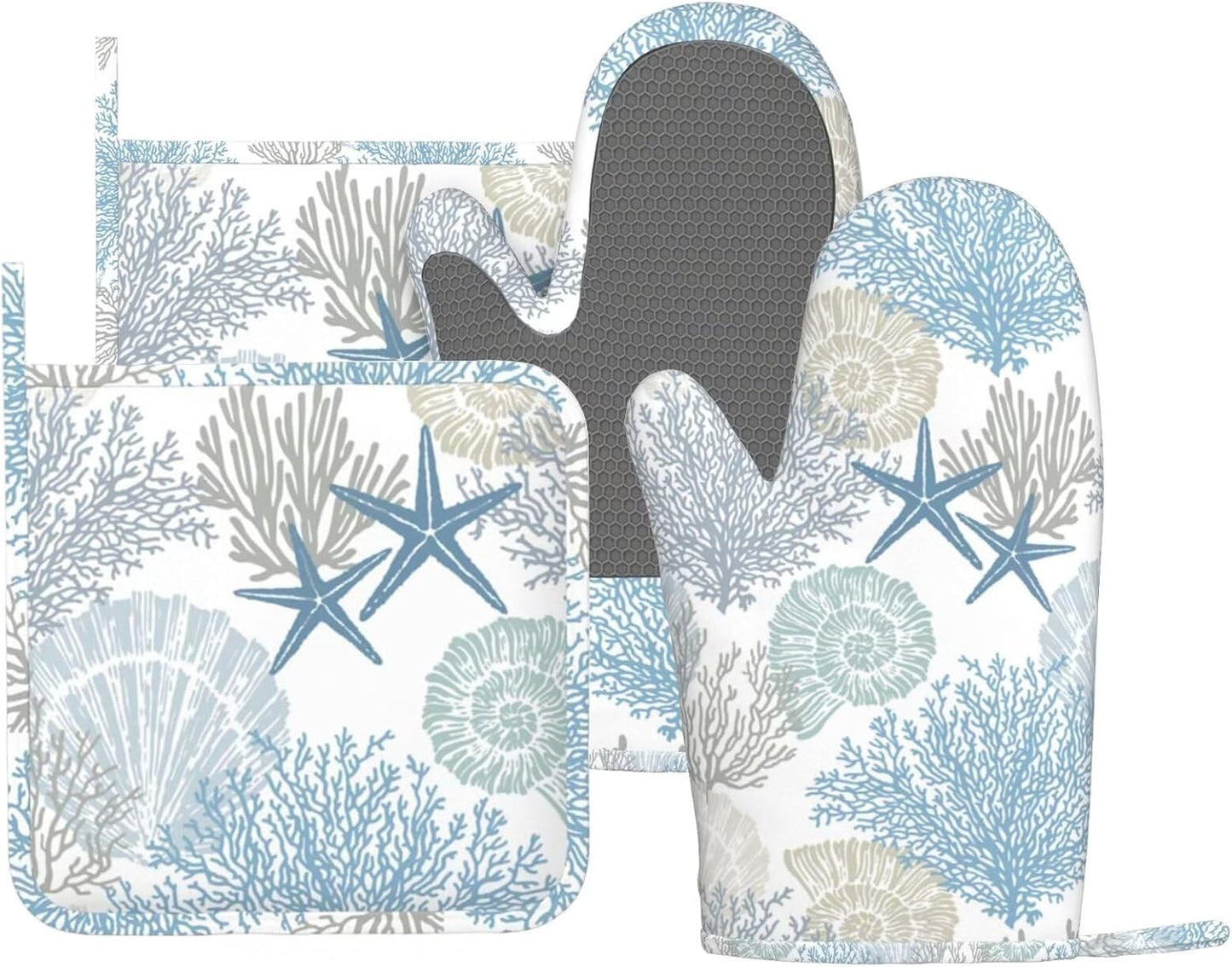Nautical Coastal Oven Mitts and Pot Holders Sets Silicone Starfish Seashell Coral Beach Themed Kitchen Mitts Potholders Heat Resistant 4Pcs Ocean Oven Gloves Hot Pads for BBQ Grilling,Blue