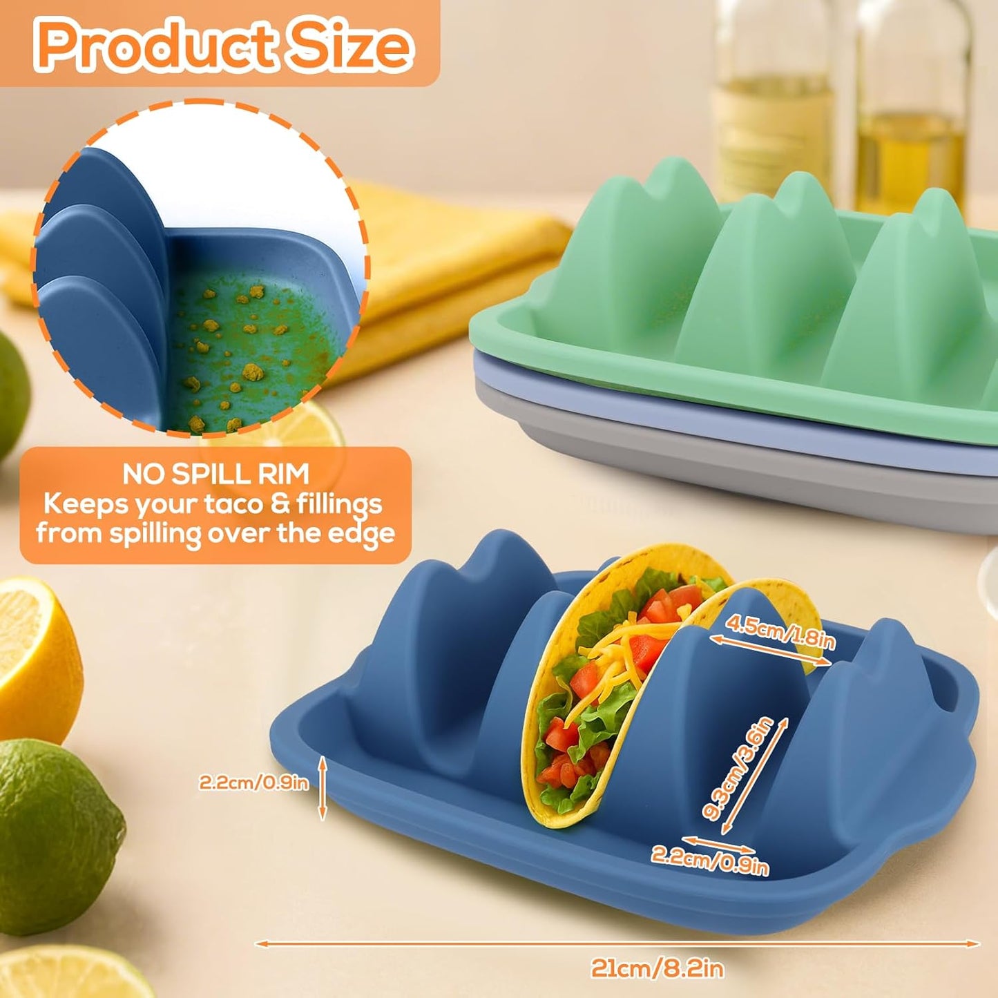 Silicone Taco Holders Set of 2 - Reusable Taco Stand with Dividers for Hard/Soft Shells, Microwave & Dishwasher Safe, Non-Slip Taco Serving Plates for Taco Tuesday, Party, Fiesta