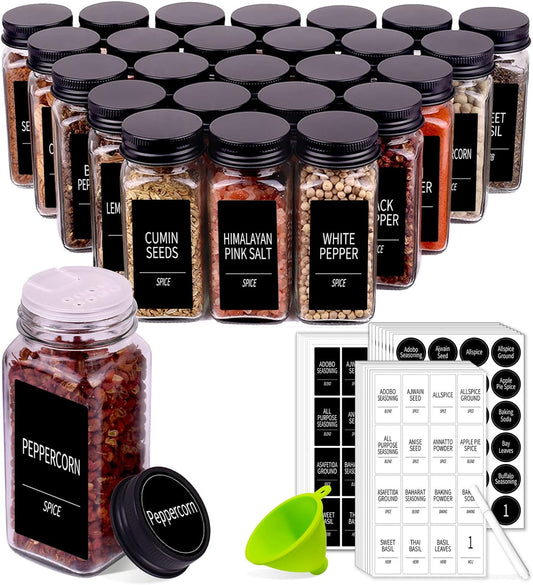 Churboro 48 Spice Jars with 547 Labels- Glass Spice Jars with Black Metal Caps, 4oz Empty Spice Containers with Shaker Lids, Funnel, Chalk Pen, Square Seasoning Bottles for Spice Rack, Drawer, Cabinet