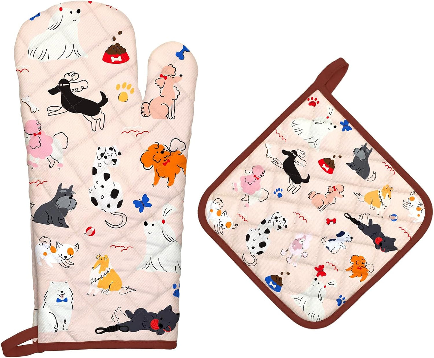 Dogs Oven Mitts and Pot Holders Sets 2Pcs, 100% Cotton Heat Resistant, Extra Long Oven Gloves Potholder for Kitchen Cooking Baking Decoration