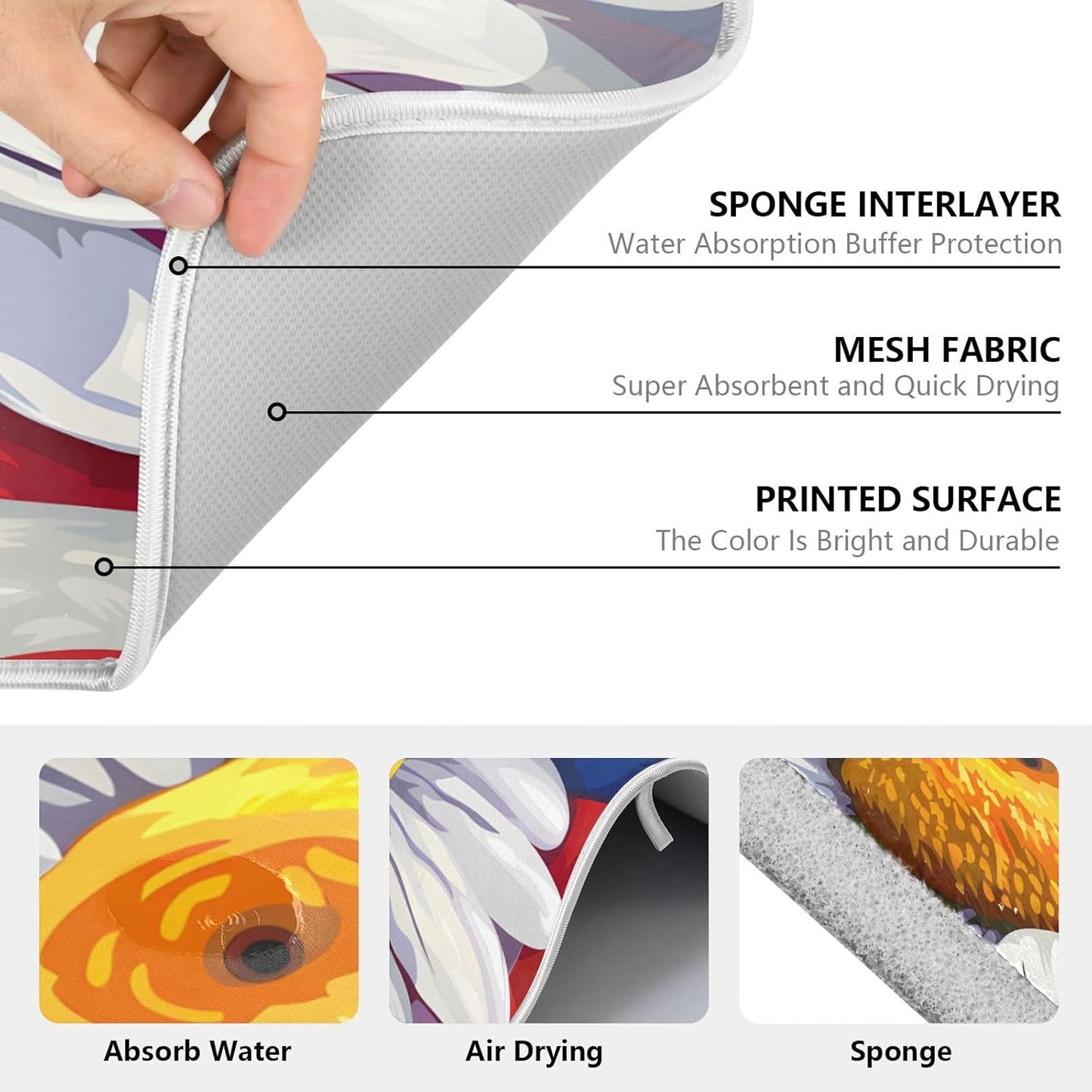 Daisy Flowers and American Flag Dish Drying Mat for Kitchen Ccounter Absorbent Microfiber Small Drying Pad Dish mats for Kitchen Countertops 16 x 18 Inch