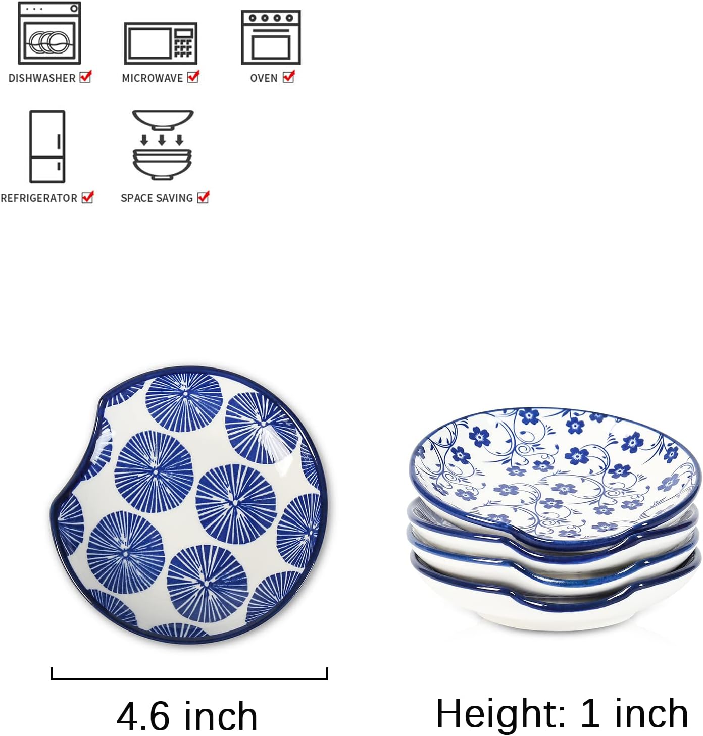 Selamica Ceramic Spoon Rest for Stove Top, 4.6 Inch Cooking Spoon Holder for Kitchen Counter, Stackable Utensil Rest Holder for Spatula Ladles Tong, Set of 4, Vintage Blue