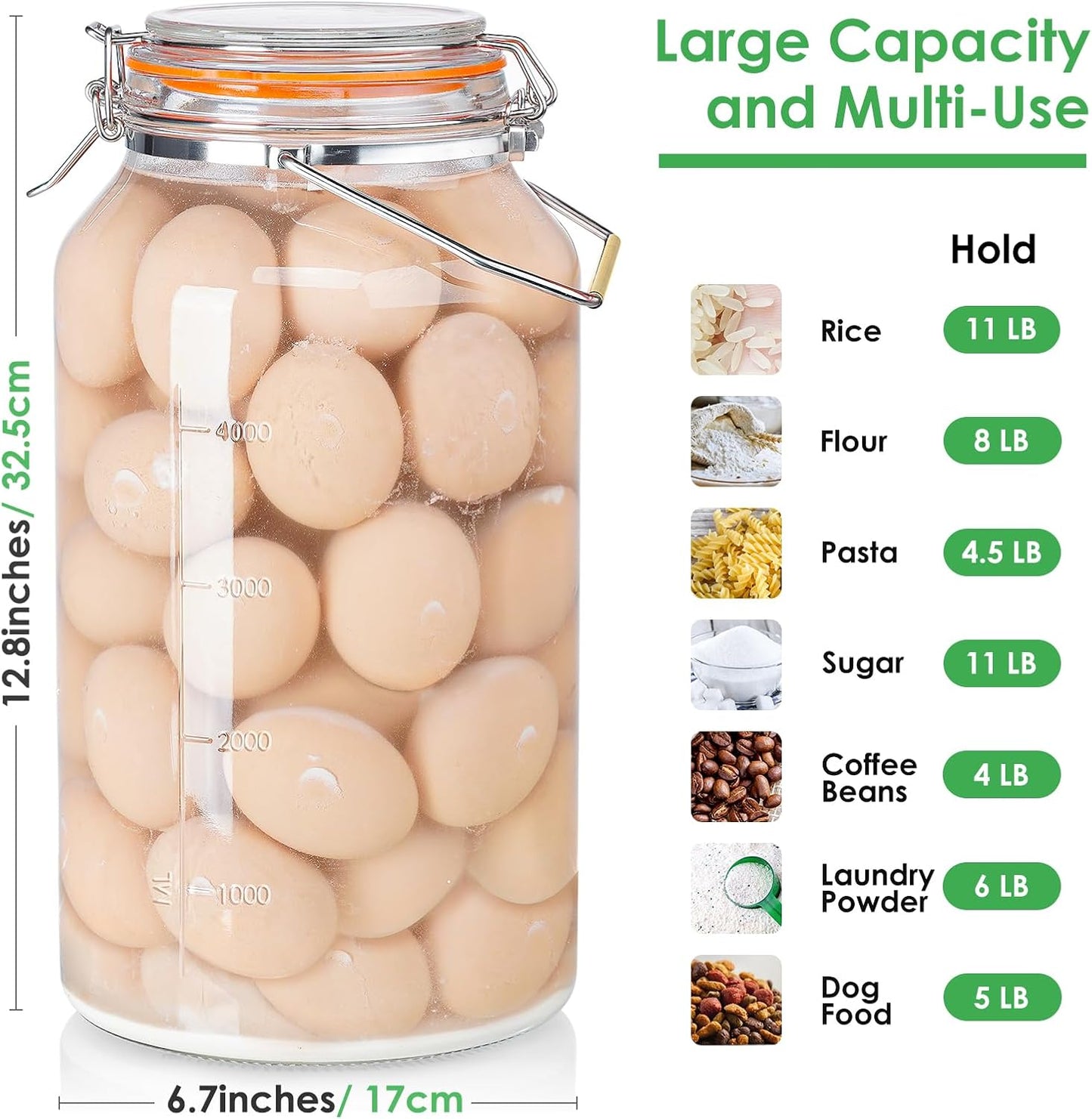 1.5 Gallon Glass Jar with Airtight Lid Wide Mouth, Gallon Storage Jar with Stainless Steel Handle - Large Glass Food Storage Container with Lid for Flour, Sugar, and Dog Treats