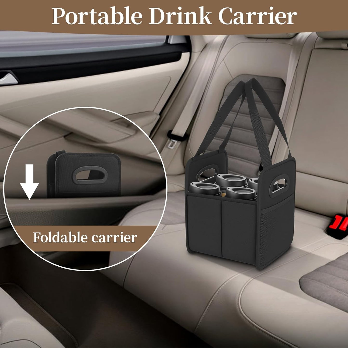 2 Pack Drink Carrier with Handle, Reusable 4 Cup Carriers for Drinks, Portable Foldable Insulated Coffee Cup Drink Holder for Delivery and Caddy