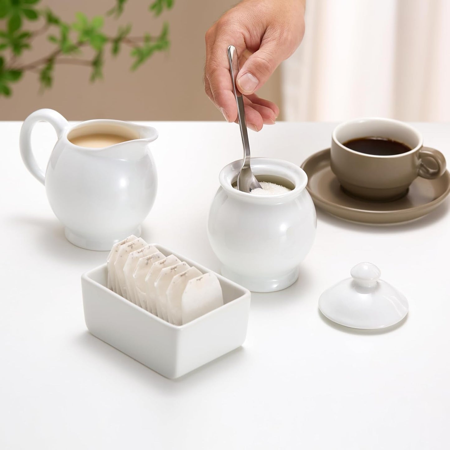 KooK Sugar and Creamer Set, 3 Piece, Pitcher, Sugar Bowl with Lid and Spoon, Sweetener Holder, White (Vintage Design)