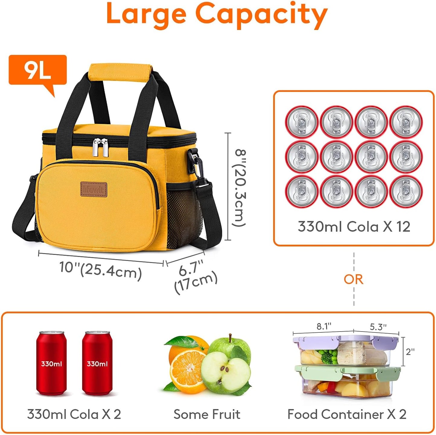 Lifewit Medium Lunch Bag Insulated Lunch Box Soft Cooler Cooling Tote for Adult Men Women, Orange 12-Can (9L)