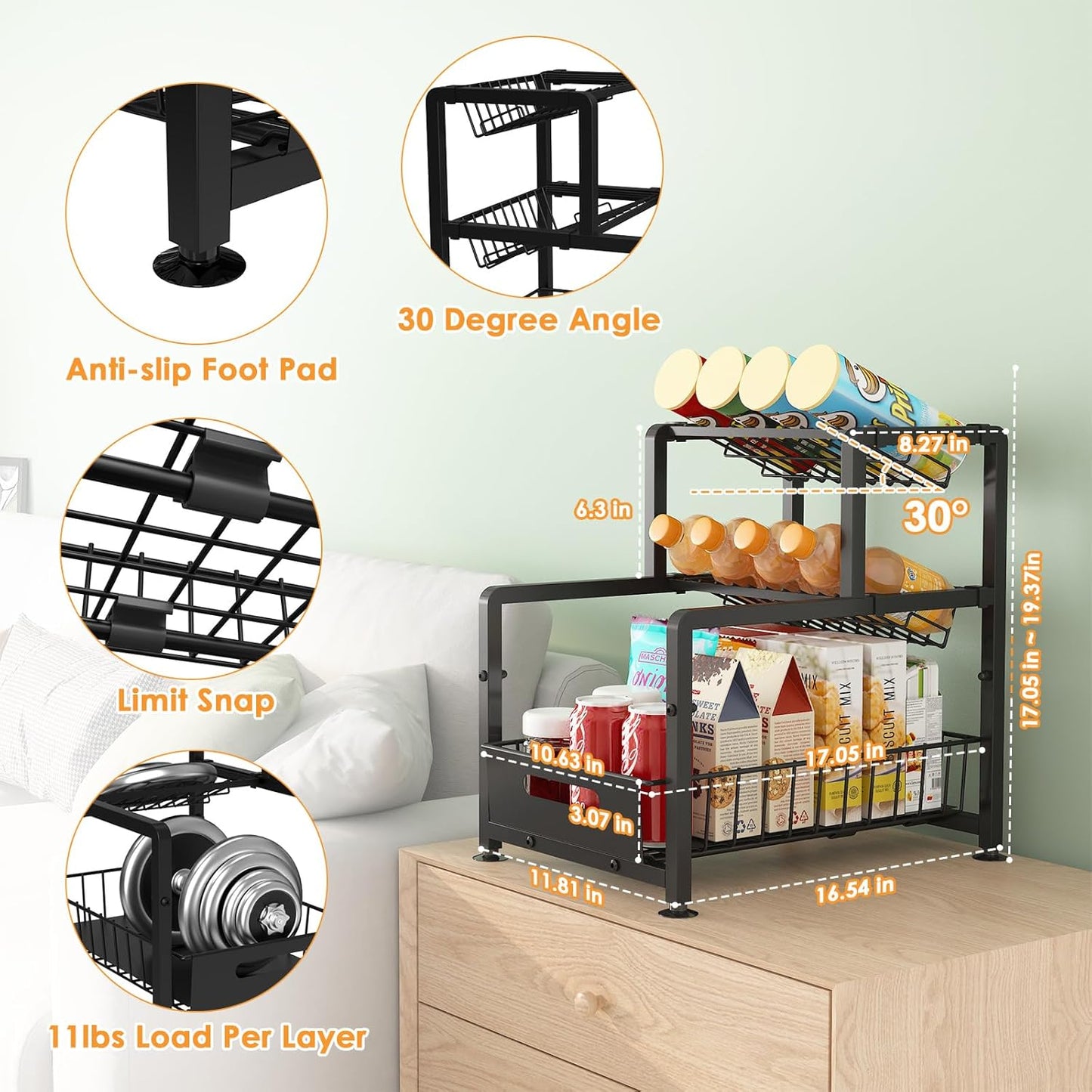 REALINN Spice Rack Organizer for Countertop, 3 Tier Pull Out Spice Rack, Height Adjustable Countertop Seasoning Organizer for Kitchen, Bathroom Storage