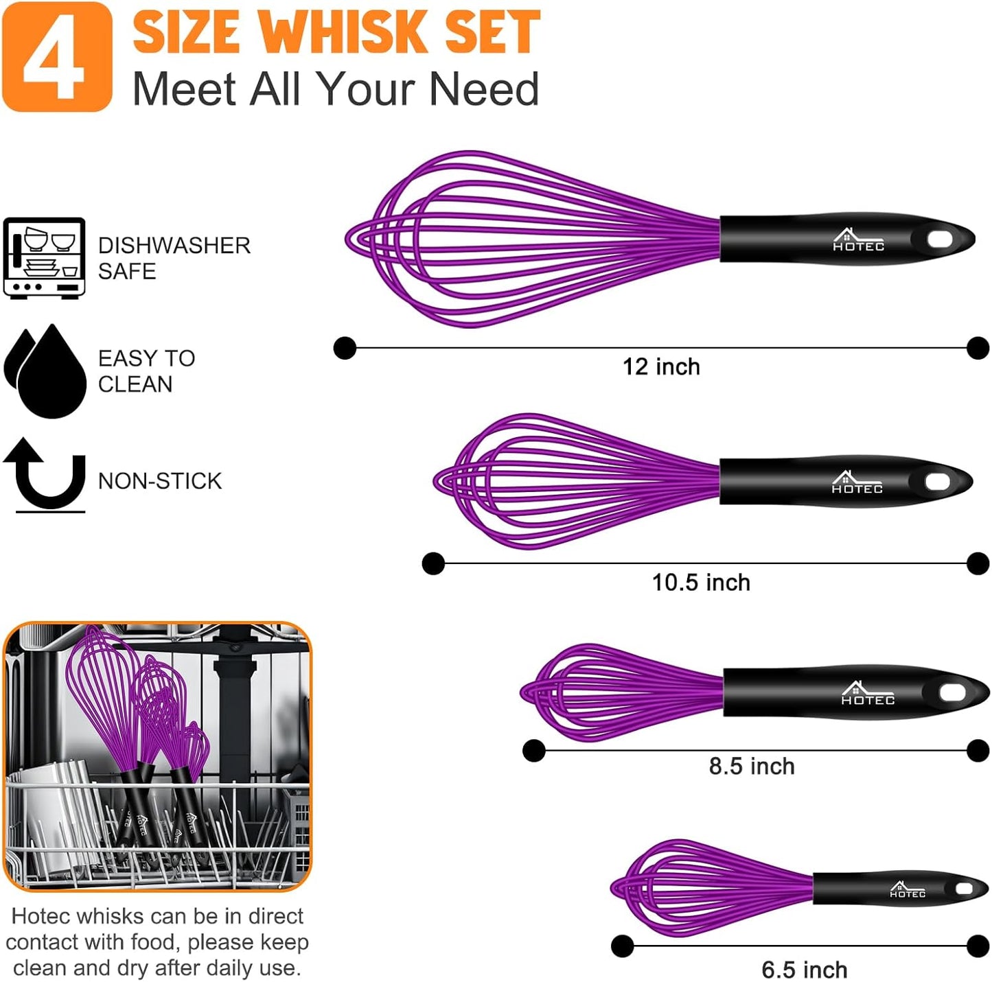 HOTEC 4 Pieces Silicone Whisks for Cooking, Wire Balloon Whisks Egg Beater, Non-slip Handle Whisk for Non-stick Cookware Perfect for Cooking, Stirring, Beating and Blending (Purple)