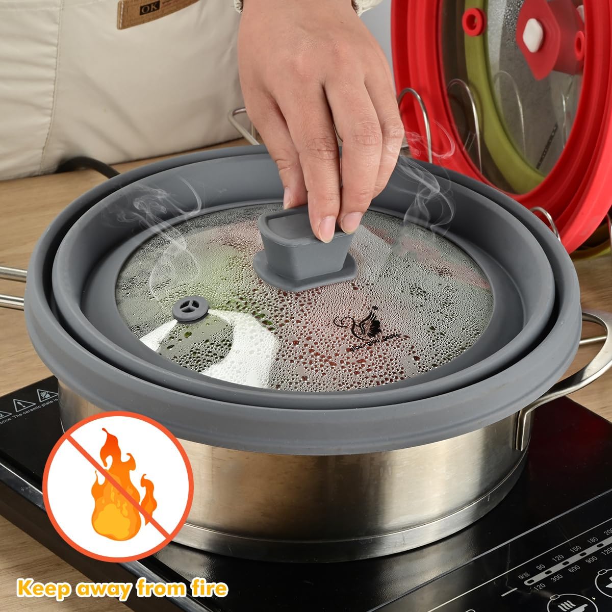 Microwave Splatter Cover Glass Cover Guard Lid with Collapsible Silicone for Food Pot Plate Cover 9.8 inch Light Grey