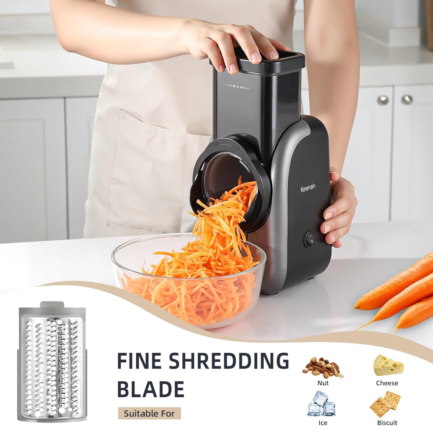 Electric Vegetable Slicer and Cheese Grater, Multifunctional Rotary Cutter with 4 Stainless Steel Blades for Potatoes Carrots Cucumbers Fruits Salad etc.