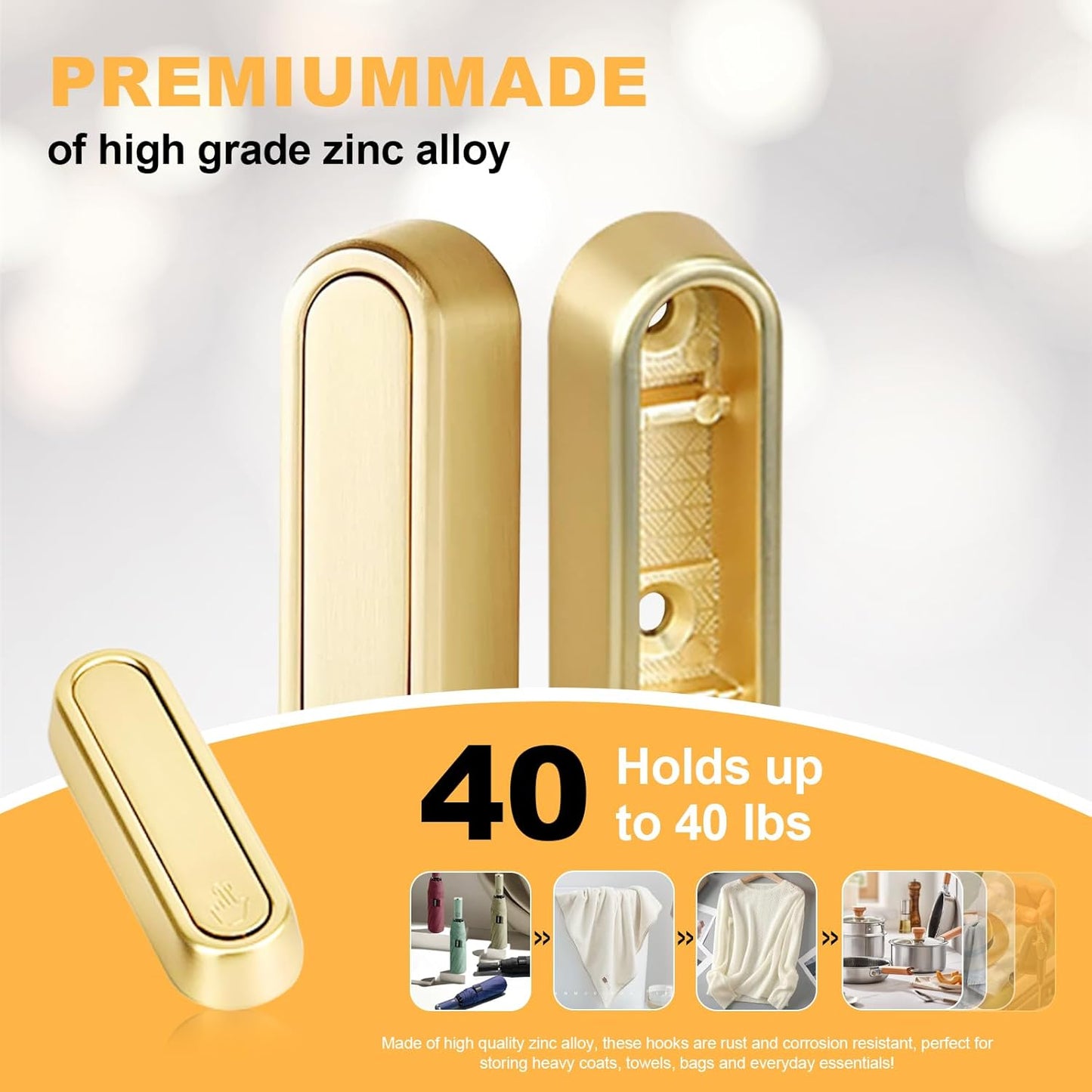 Heavy Duty Gold Folding Wall Hooks 2 Pack, Space Saving Foldable Coat Hooks for Bathroom, Closet, Entryway, Kitchen, Towel, Robe, Bag, Hat Hanging, Easy Mount, Zinc Alloy, Corrosion-Resistant ﻿