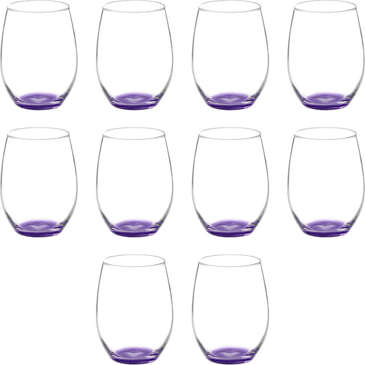 DISCOUNT PROMOS 10 ARC Stemless Wine Glasses Set, 21 oz. - Chardonnay, Cabernet, Merlot, Sauvignon - Purple