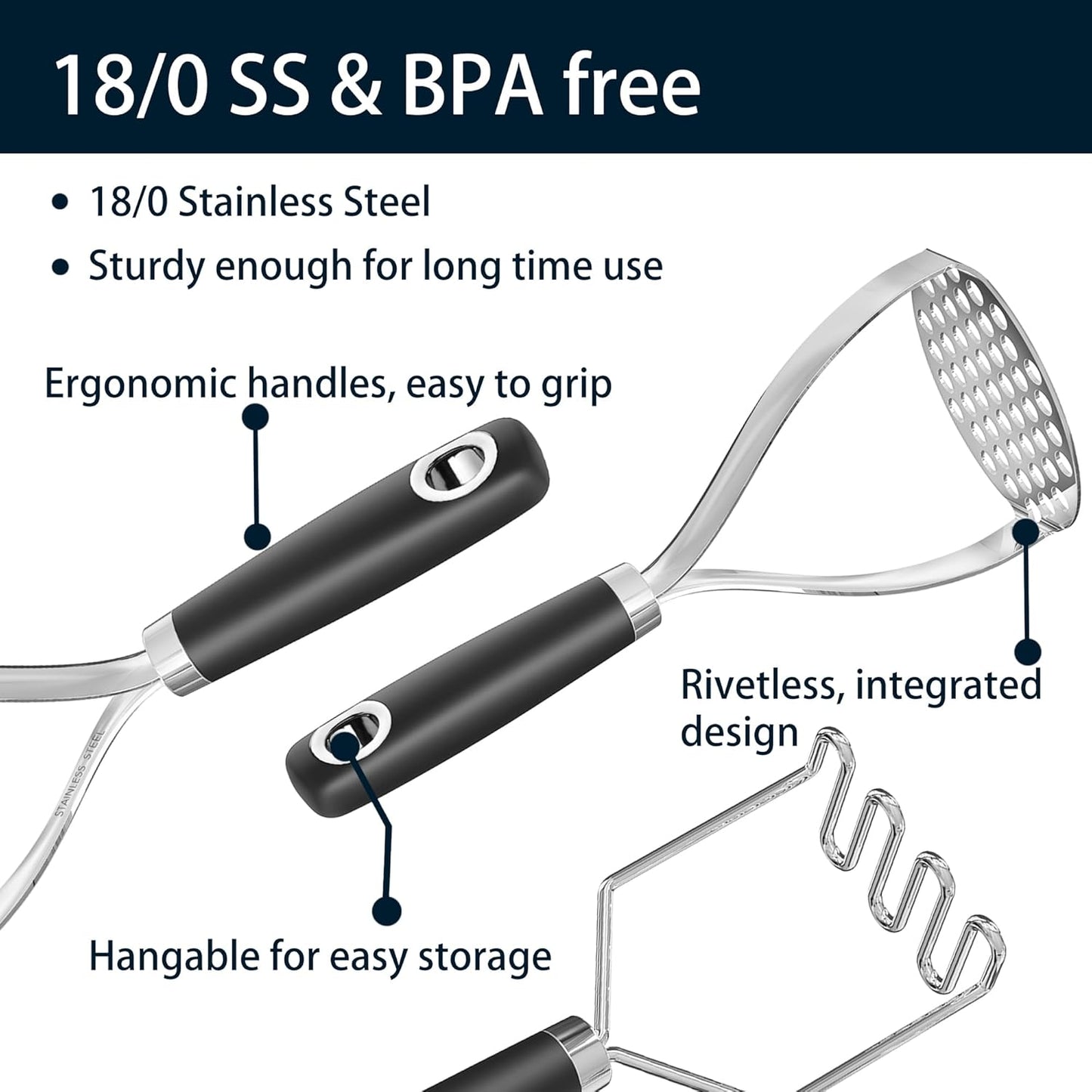 18/0 Stainless Steel Potato Mashers, 10.3-inch, Non-slip Handle, Kitchen Tool for Avocado Vegetable Sauce Butter Pumpkin Puree Bean, Dishwasher Safe, Pack of 2