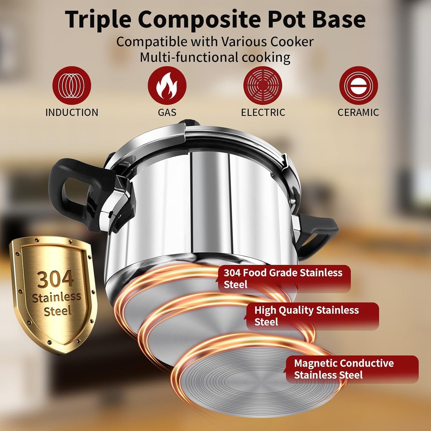 Pressure Cooker Stainless Steel 8 Qt, Commercial Stove Top Pressure Cooker Pot, One-Hand Locking, Compatible with Gas & Induction, Fast Cooking for Large Meals, Dishwasher Safe, Deeluban