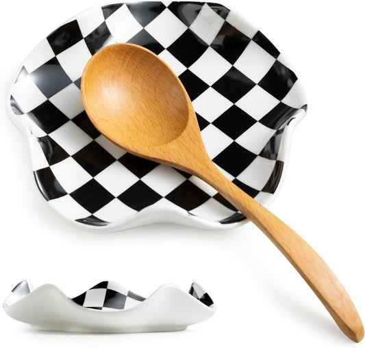 Spoon Rest for Stove Top - 5.3in Checkered Spoon Holder Utensil Rest, Ceramic Spoon Rests for Kitchen, Cooking - Black and White Kitchen Decor, Housewarming Gifts