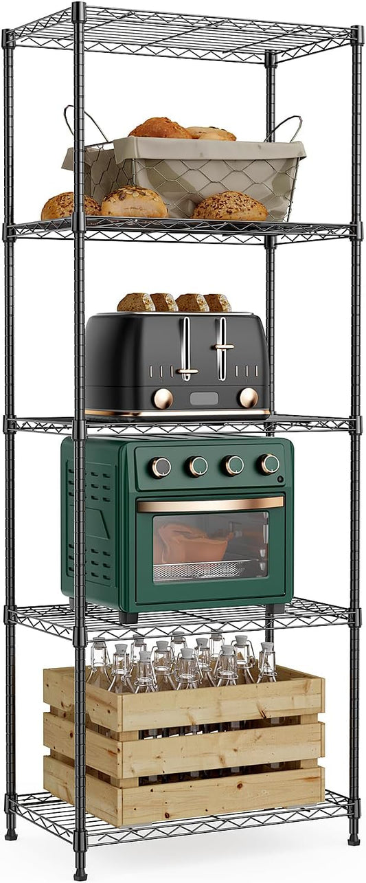 1250 lbs 5 Tier Shelf Metal Storage Shelves Wire Rack Closet Organizers with Wheel for Garage Kitchen Bathroom Laundry Black 13.7" D x 23.6" W x 62.4" H