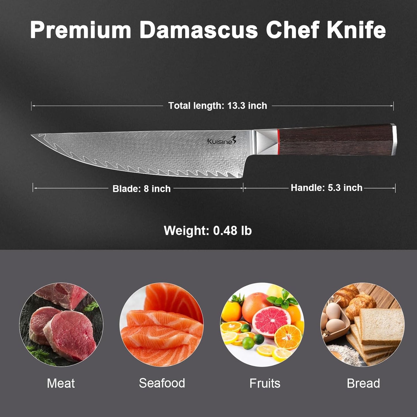 Kuisine Kitchen Knife Set,Damascus Steel Ultra Sharp, Ergonomic Non-slip Wood Handle, Chef Knife Block Set with Built-in Sharpener,Luxury Gift for Holiday(Silver, 12PCS)