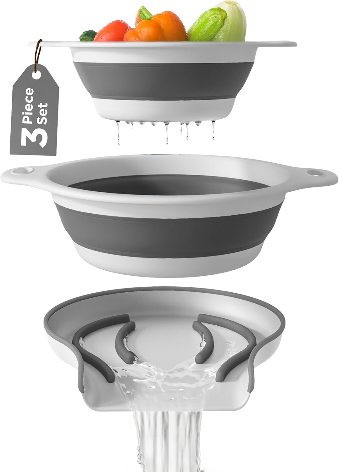 Collapsible Colanders (2 Pack Set) Food Strainers with Over-Sink Water Draining Base for Pasta Fruits and Vegetables (4 and 5 Quart) - White Gray