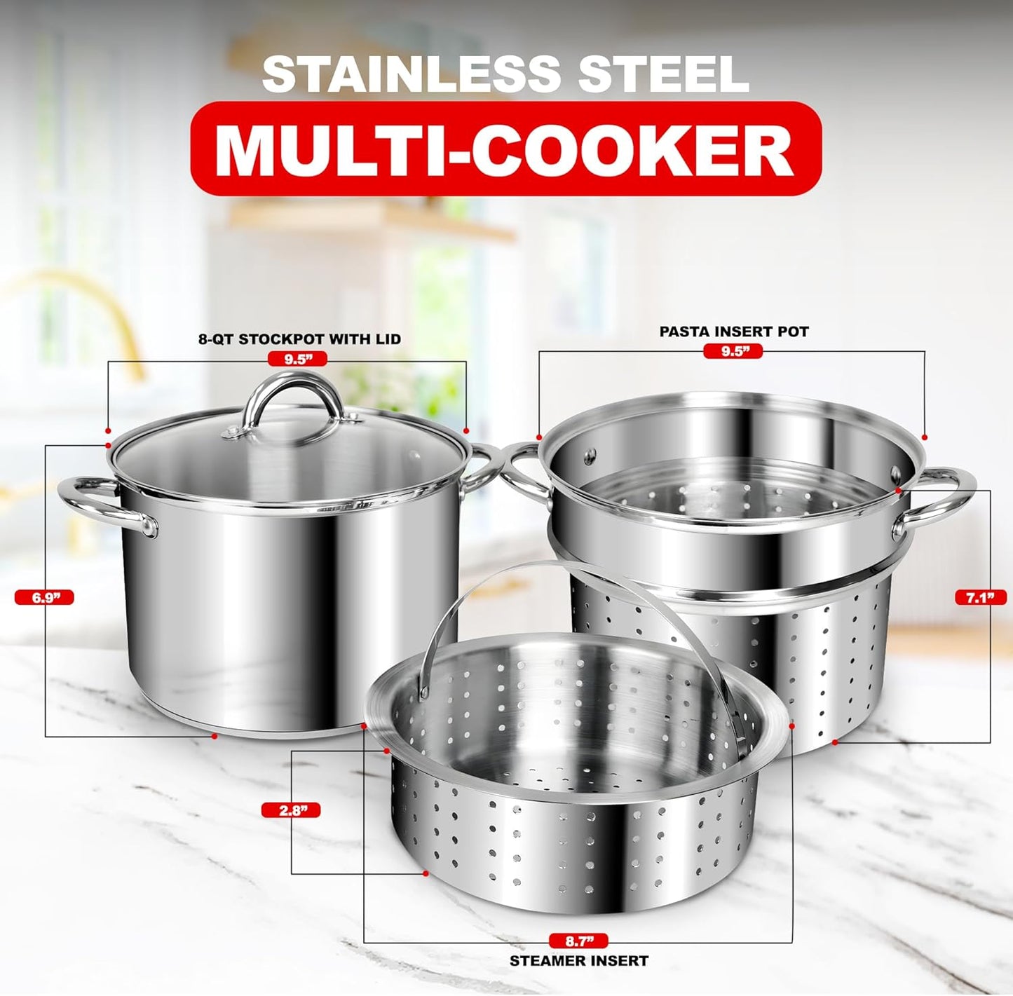 Stainless Steel 8-Quart Nonstick 4-Piece Multi-Cooker with Steamer and Pasta Pot Cookware Set