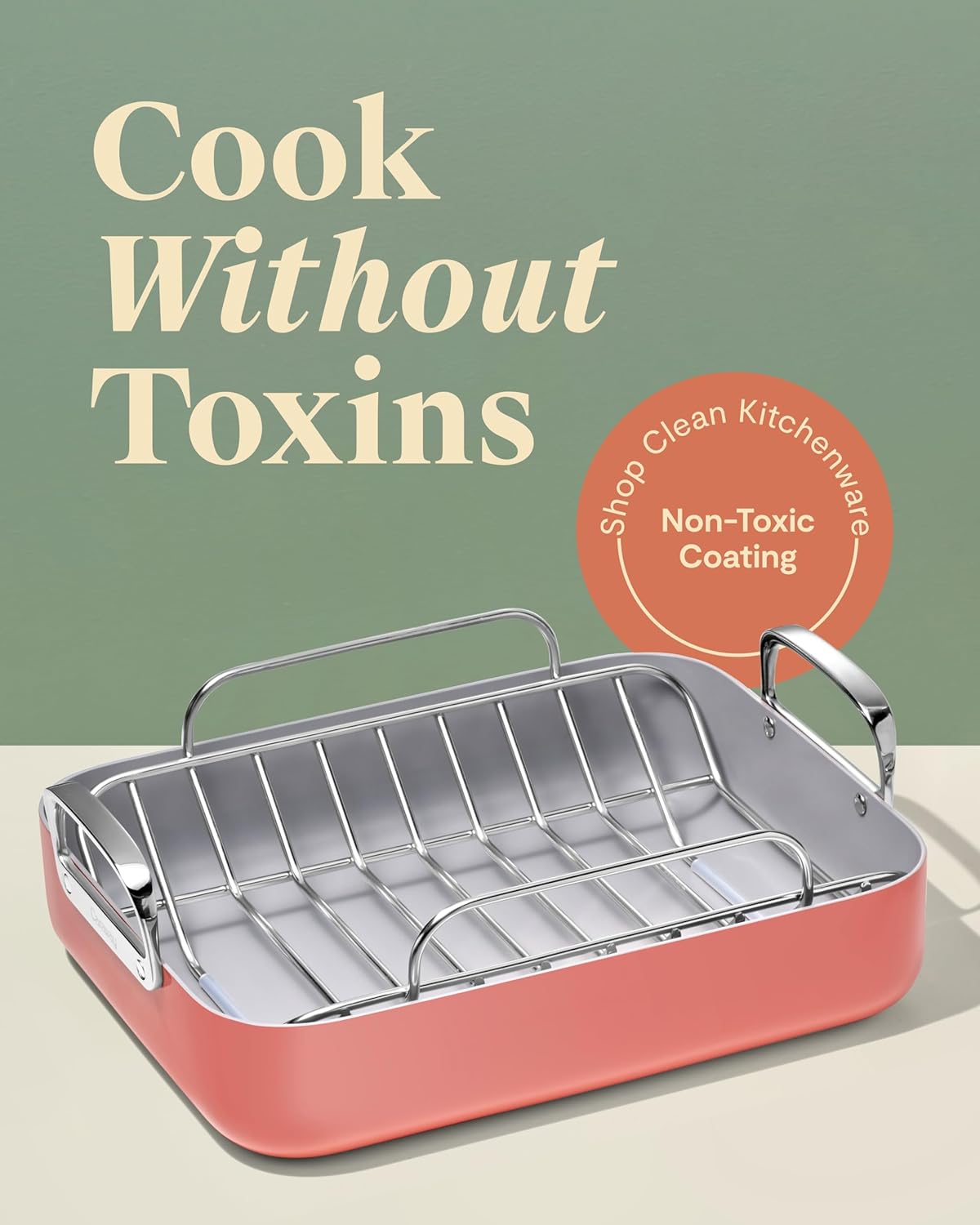 Caraway Roasting Pan - 16x13” Roasting Pan with Rack - Non-Stick Ceramic Coated - Non Toxic, PTFE & PFOA Free - Oven Safe & Compatible with All Stovetops - Perracotta