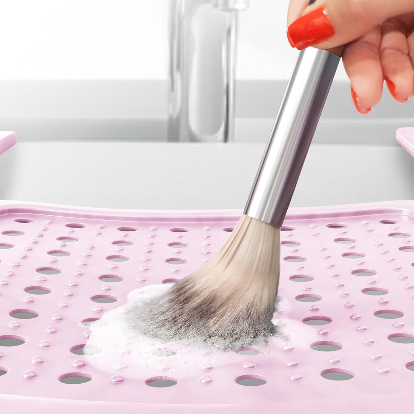 Sink Topper Bathroom Counter Cover & Storage Saver, Foldable Silicone Mat for Hot Tools, Hair Styling & Makeup, Beauty Brush Cleaning Mat, RV Camper Sink Cover & for Small Spaces (Large Pink)