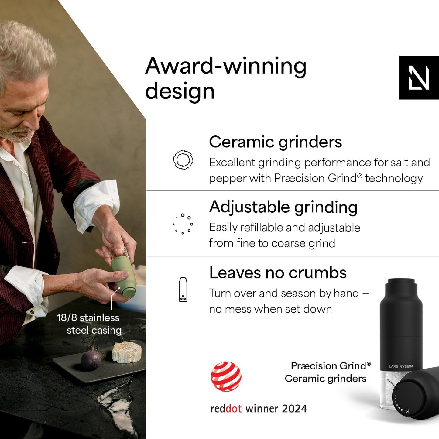 LARS NYSØM Salt and Pepper Grinder Set, Stainless Steel Manual Salt and Pepper Mills, Adjustable Ceramic Grinder, Design Spice Shakers (Carbon Black)