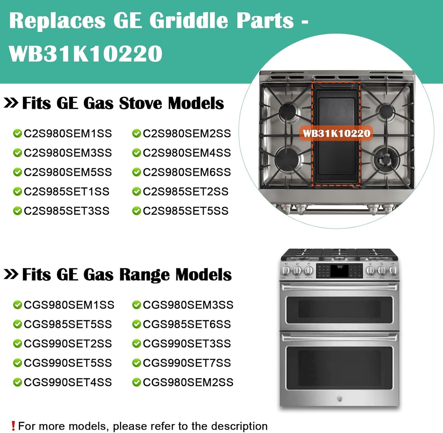 Hiorucet WB31K10220 Cast Iron Griddle Replacement for GE Gas Stove Top and Gas Range, General Electric C2S980SEM1SS, C2S980SEM2SS, C2S985SET9SS Griddle Plate, 20 Inch Range Center Flat Cooktop for GE.
