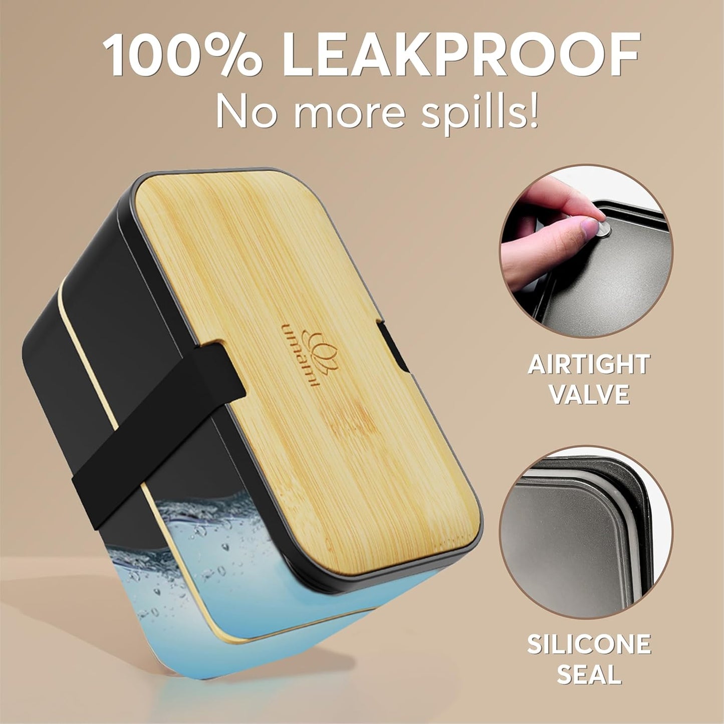 Umami Bento Box All-in-1 w/ 4 Utensils, 100% Leakproof, Dishwasher & Microwave Safe Lunch Containers for Adults w/ 4 Compartments, Black & Tan, 50 oz