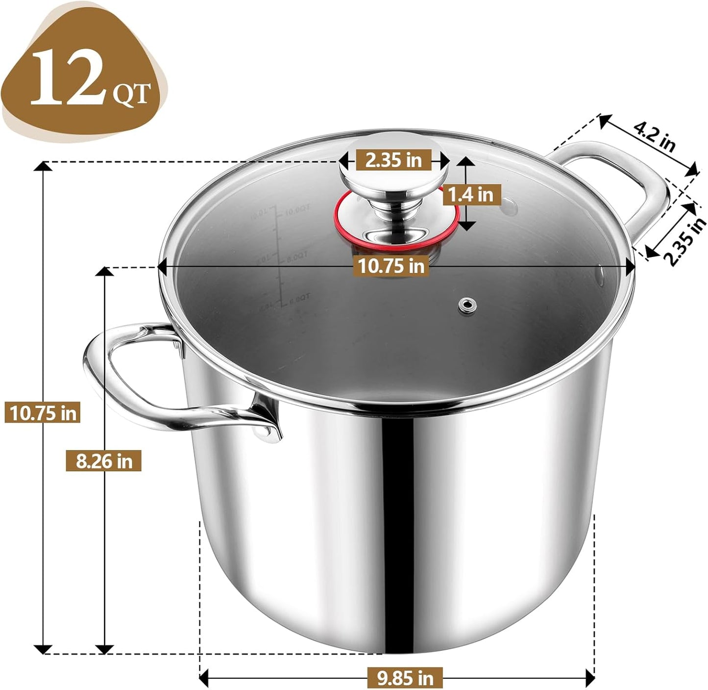 P&P CHEF 12 Quart Tri-Ply Stainless Steel Stockpot, Stock Pot with Visible Lid for Soup Pasta Vegetable, Induction Cooking Pot for All Stoves, Sturdy & Double Handle, Dishwasher Safe