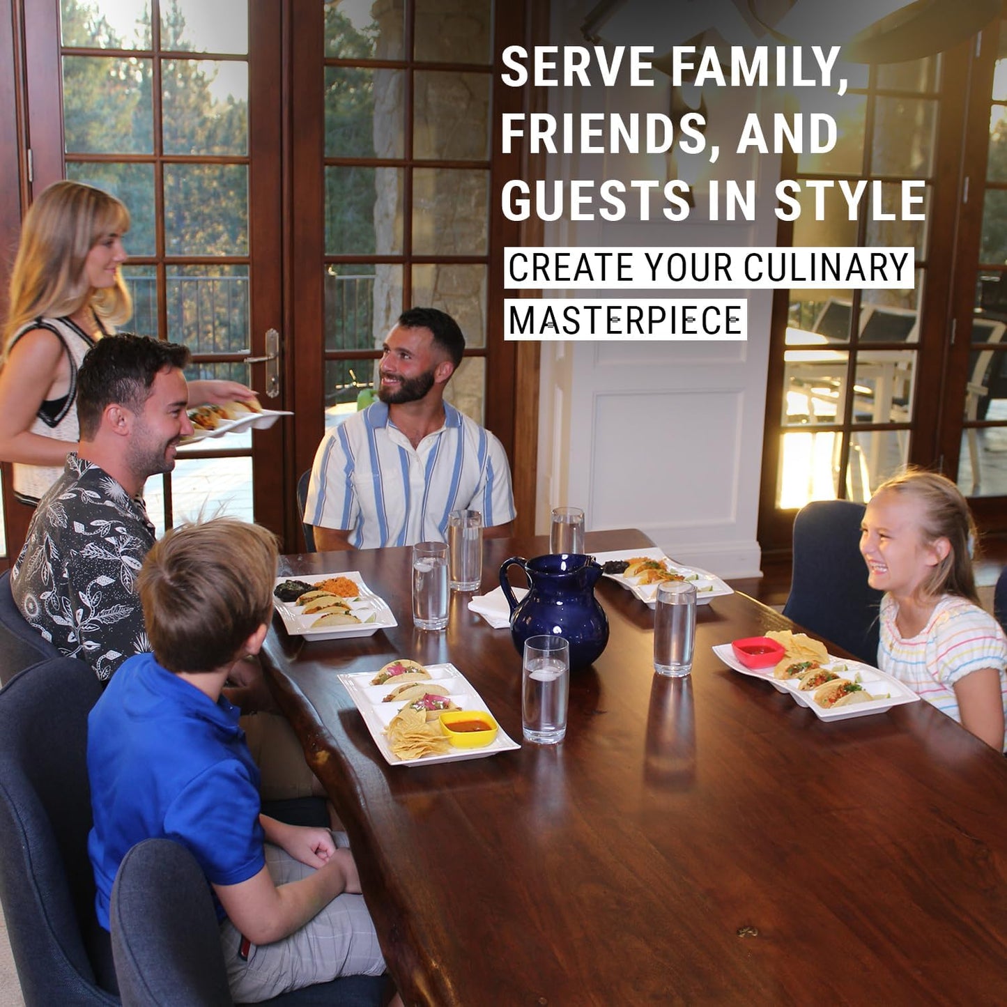 Stackable Taco Serving Plate with Dividers, Stylish China Taco Holder with 3 Slots & 1 Flat Section, Durable, Scratch-Resistant Dinner Dish for Tacos, Sushi, Appetizer, & More, Set of 2