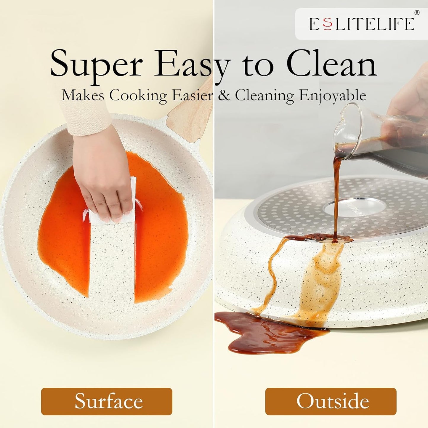 ESLITE LIFE Nonstick Ceramic Frying Pans Skillets Set, Non-Toxic Egg Omelette Kitchen Cooking Pans Compatible with All Stovetops (Gas, Electric & Induction), PTFE & PFOA Free (White)