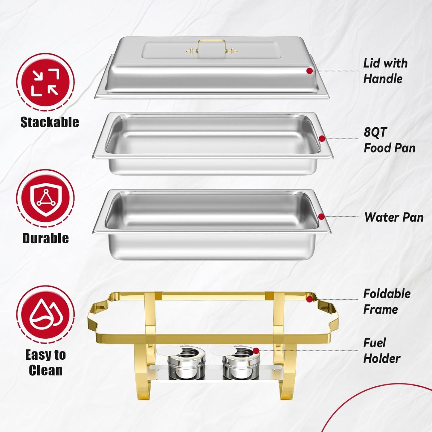 Chafing Dish Buffet Sets of 4, 8QT Stainless Steel Rectangular Chafers and Buffet Warmer Sets for Catering, with Food & Water Pan, Lid, Gold Foldable Frame, Fuel Holder for Event Party Holiday