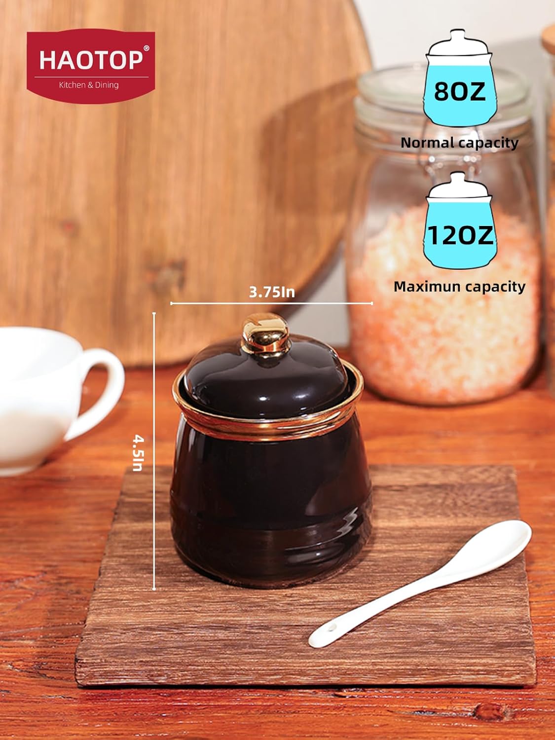 HAOTOP 12oz Sugar Bowl with Lid and Spoon,Simple Ceramic Sugar Jar Sugar Container Sugar Dispenser Coffee Bar Accessories, Modern Kitchen Countertop Canisters, Black