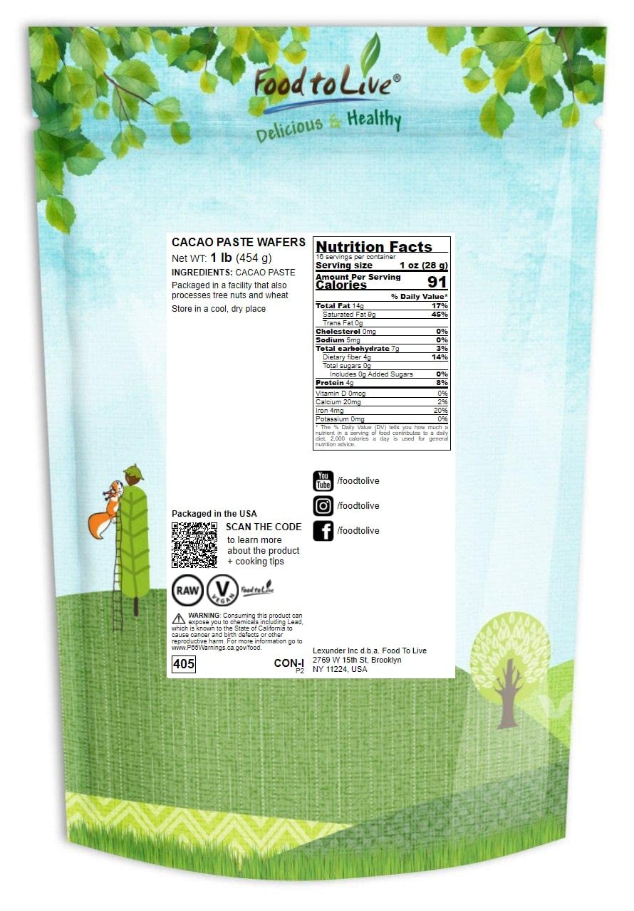 Food to Live Cacao Paste Wafers, 1 Pound - Premium Raw Cacao Liquor, Pure, Unsweetened, Vegan, Bulk. Rich in Antioxidants, Essential Minerals. Perfect for Homemade Desserts, Chocolate Bars