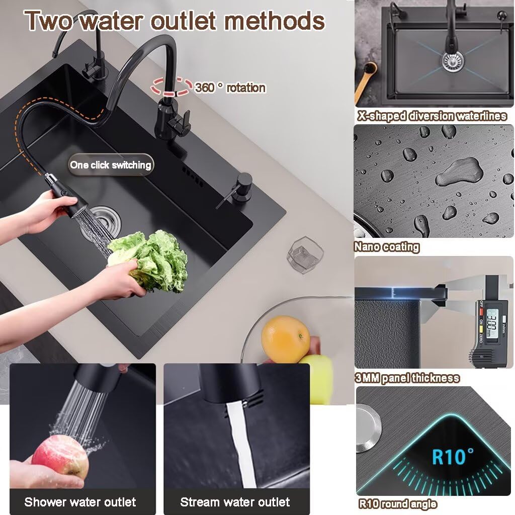 Black Drop in Kitchen Sink, Stainless Steel Single Bowl Sink with 3 Holes, Topmount Workstation Sink, Farmhouse Rectangle Basin with Multiple Accessories (29.5 * 17.7 * 7.9in)