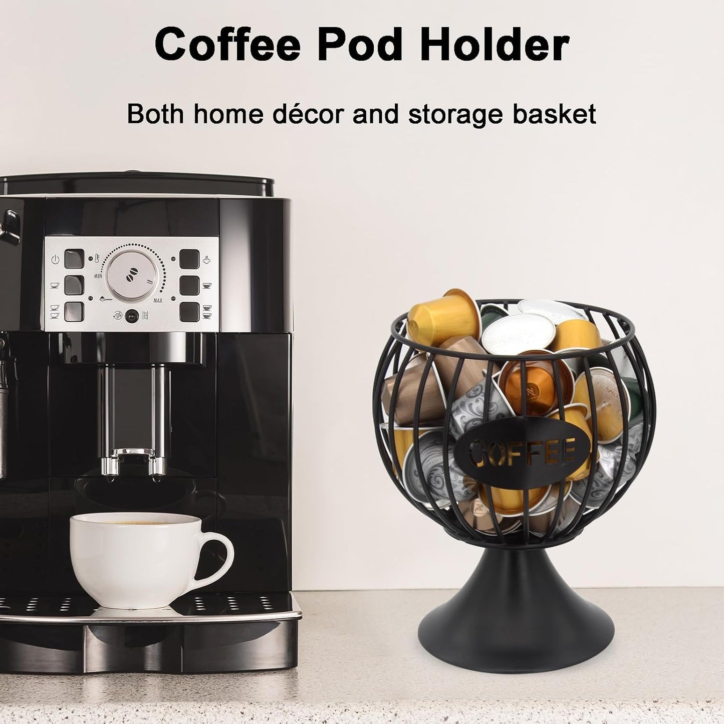 K Cup Holder and Pod Storage Organizer for Counter - Metal Basket for Keuring Pods, Coffee Bar Decor, Capsule and Creamer Organizer - Black