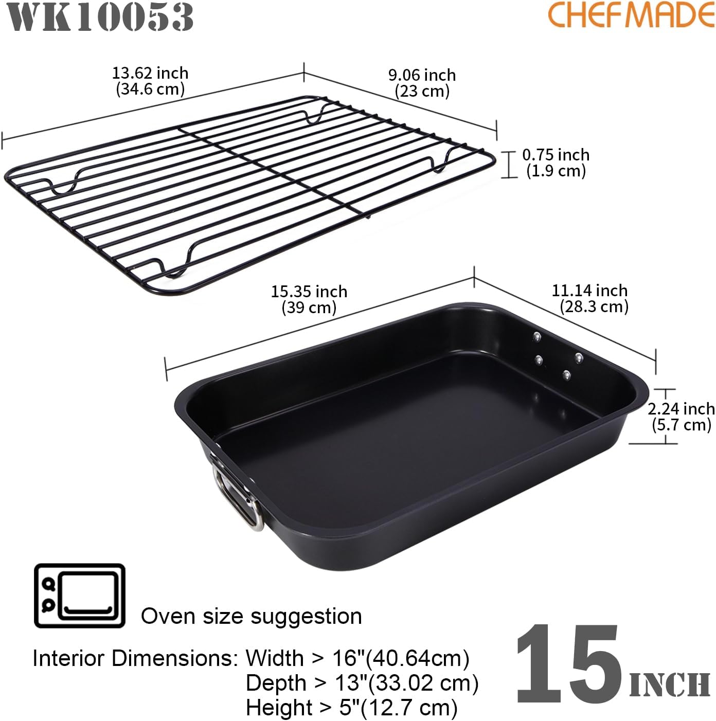 CHEFMADE Roasting Pan, 15-Inch Non-Stick Metal Turkey Pan with Rack, Banking Pan for Lasagna Vegetable and Meat, Chicken Roasting Pan 15.35" x 11.14" x 2.24"