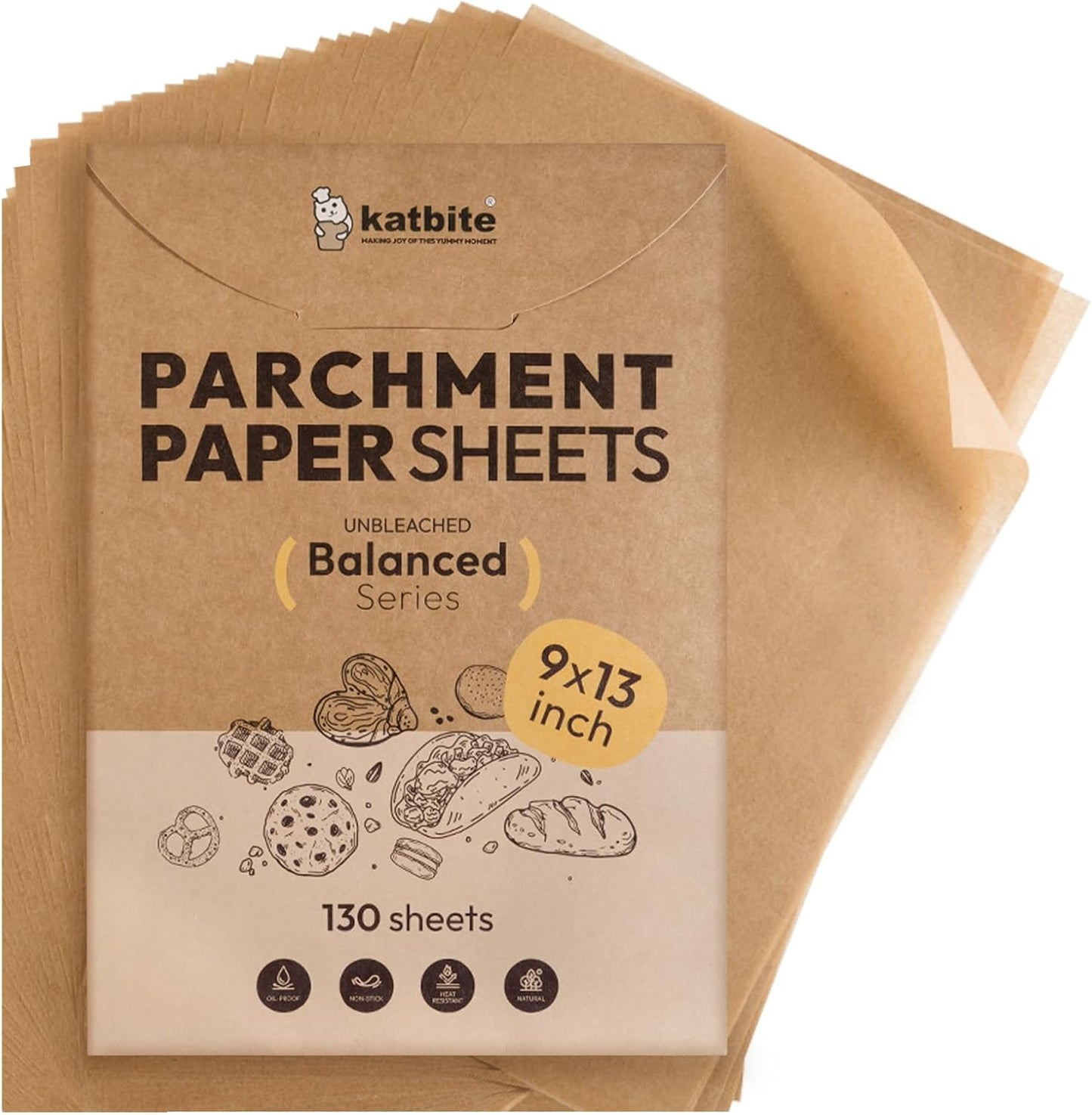 Katbite 130 Pcs Parchment Paper Sheets, 9x13 Inches Unbleached Baking Paper Non-Stick for Gently Baking, Pre-cut Parchment Paper Suitable for Baking, Cooking,Air Fryer [Balanced Series]