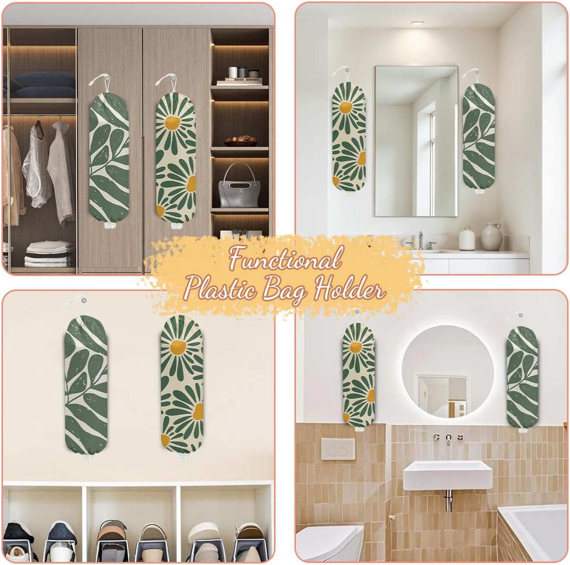 2 Pcs Botanical Plastic Bag Holder, Wall Mount Grocery Bag Holder for Plastic Storage bag, Washable Floral Grocery Bags Organizer Storage Dispenser, Pull Rope Free Adjustment, Flower Gifts for Women