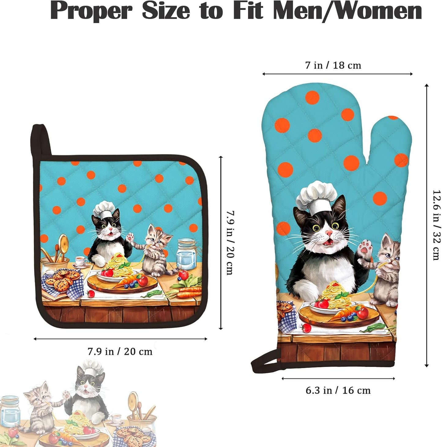 Cute Cat Oven Mitts and Pot Holders Sets 2Pcs, 100% Cotton Heat Resistant, Extra Long Oven Gloves Potholder for Kitchen Cooking Baking Decoration
