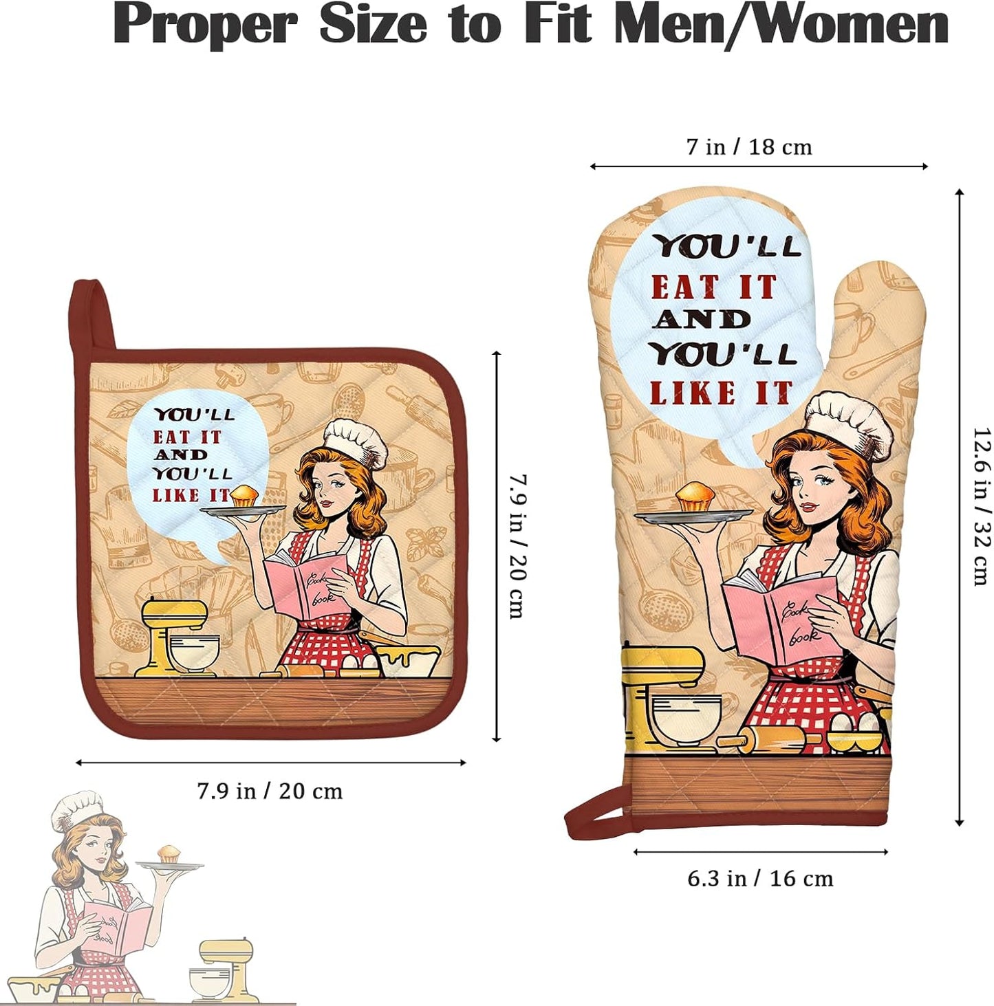 Retro Housewife Oven Mitts and Pot Holders Sets 2Pcs, 100% Cotton Heat Resistant, Extra Long Oven Gloves Potholder for Kitchen Cooking Baking Decoration