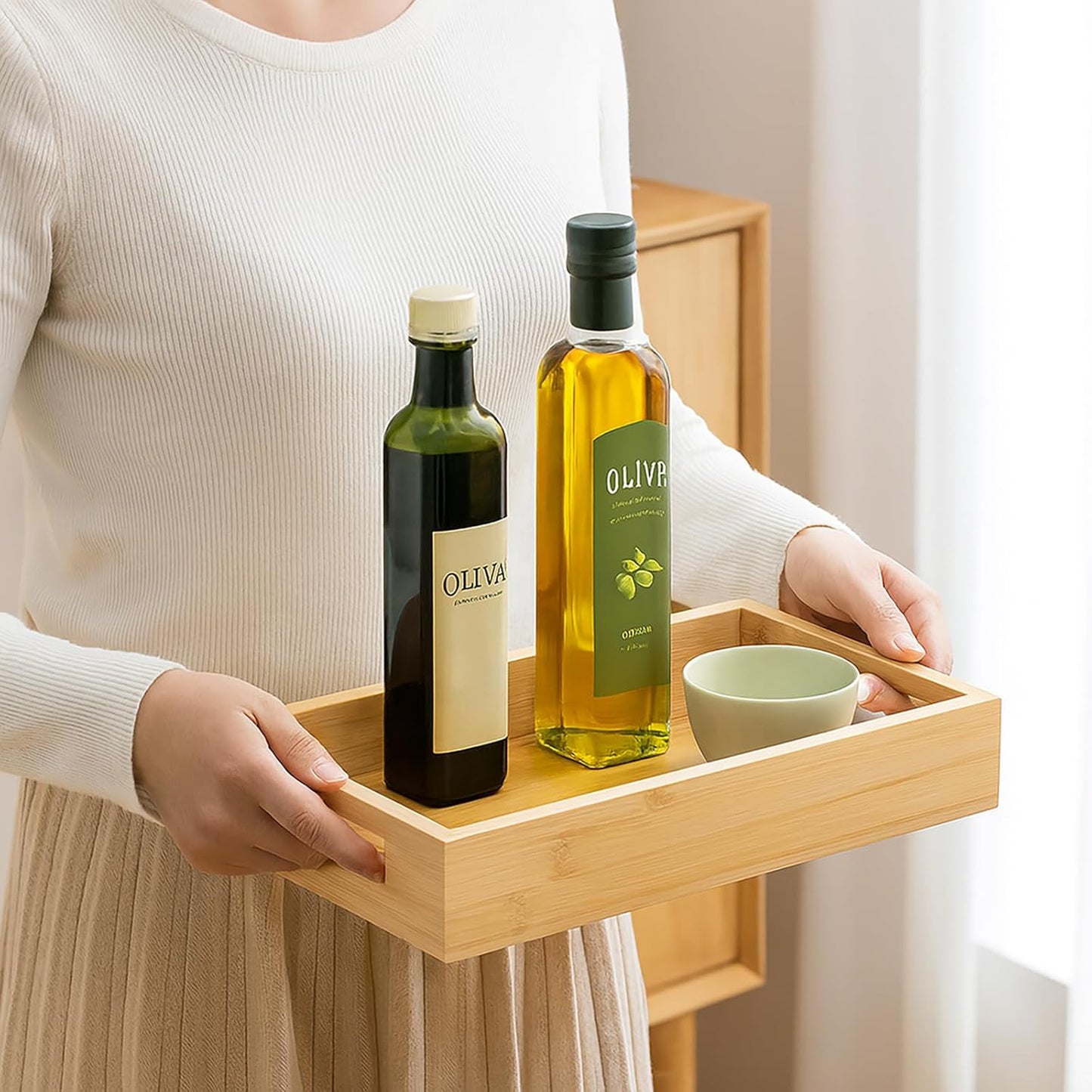 Tray for Oil Bottles Kitchen Counter – Bamboo Organizer with Handles, Waterproof Coating & Non-Slip Feet, 13×8 Inch Condiment Holder for Spices, Sauces & Seasoning Jars