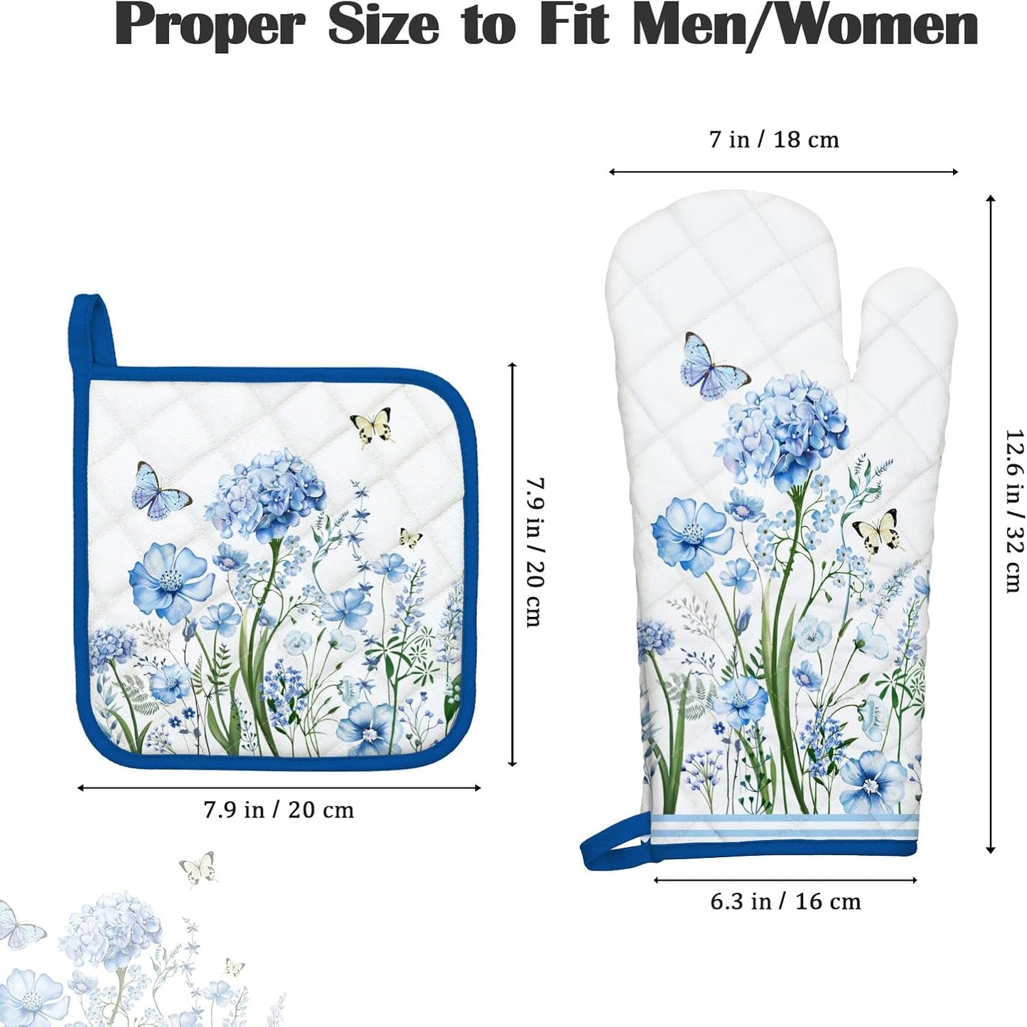 Blue Floral Oven Mitts and Pot Holders Sets 2Pcs, 100% Cotton Heat Resistant, Extra Long Oven Gloves Potholder for Kitchen Cooking Baking Decoration