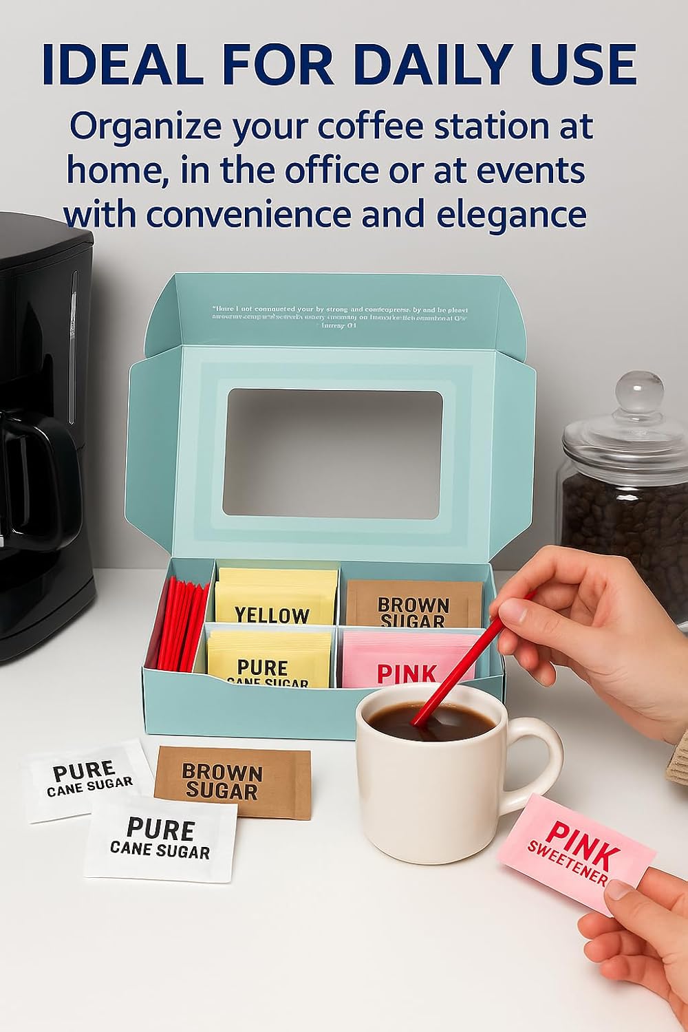 Pogalight Premium, Sugar and Sweeteners Variety Pack (300-Pack) - 70 Pure Cane Sugar, 40 Brown Sugar,70 Yellow Stevia, 70 Pink Sweetener, 50 Stirrers - Perfect for Coffee, Tea, Baking, Office, Restaurant,